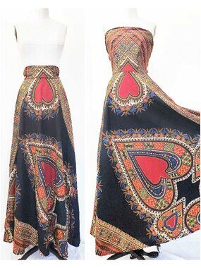 RARE Original 1960s Woodstock Acid-Trip African Dashiki Dress BLK Boho Hippie L